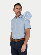 Man wearing a Raging Bull short sleeve pentagon pattern cotton poplin shirt in white, front detail. 