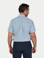 Man wearing Raging Bull Pentagon Pattern Cotton Poplin Short Sleeve Shirt in White, back detail, available in sizes S-6XL.