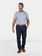 Man wearing Raging Bull Pentagon Pattern Cotton Poplin Short Sleeve Shirt in White and Classic Chino Trouesrs in navy, available in sizes S-6XL