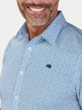 Man wearing Raging Bull Pentagon Pattern Cotton Poplin Short Sleeve Shirt in White, collar and chest detail, available in sizes S-6XL