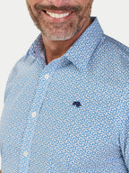 Man wearing Raging Bull Pentagon Pattern Cotton Poplin Short Sleeve Shirt in White, collar and chest detail, available in sizes S-6XL