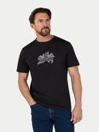 Man wearing a black t-shirt with a logo on a white background