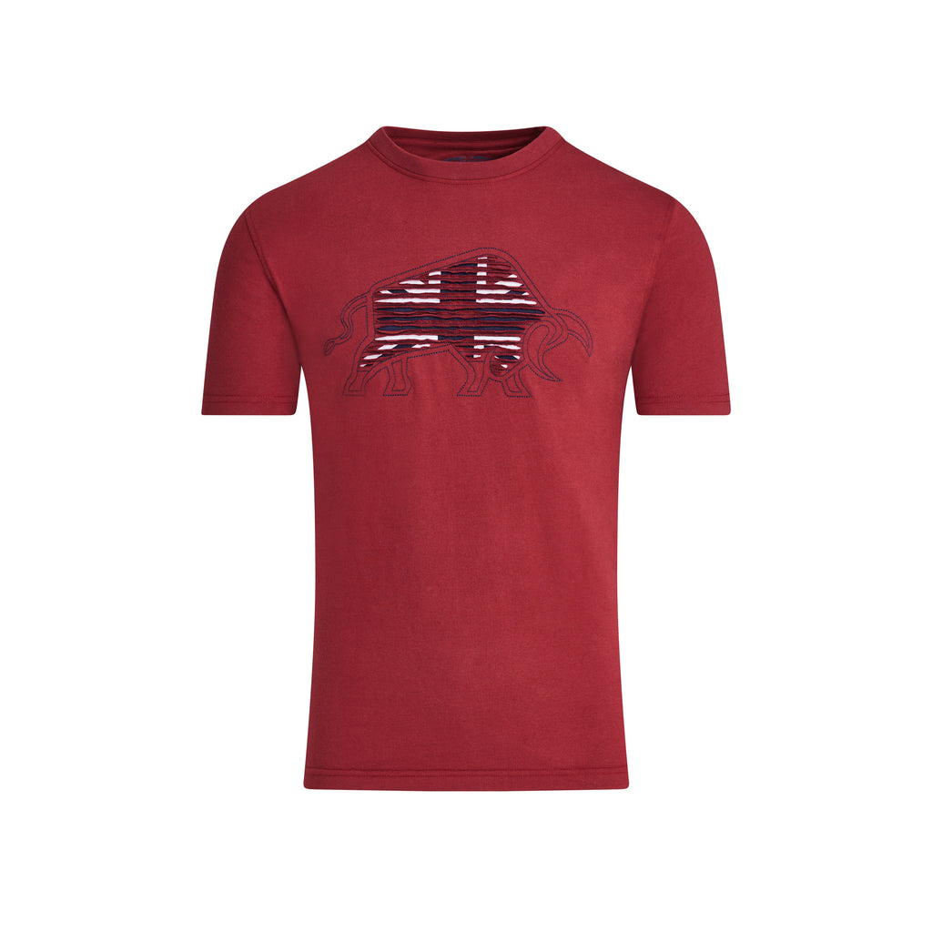 Red t-shirt with a graphic design on a white background