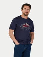 Man wearing a navy blue t-shirt with a graphic design on a white background