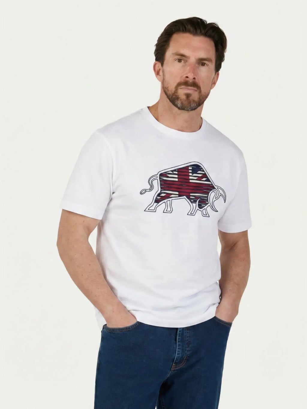 Man wearing Raging Bull Slash Bull T-Shirt in white. 