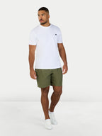 Man wearing a white t-shirt and green shorts on a white background