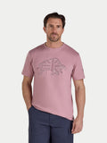 Man wearing a pink t-shirt with a graphic design on a white background