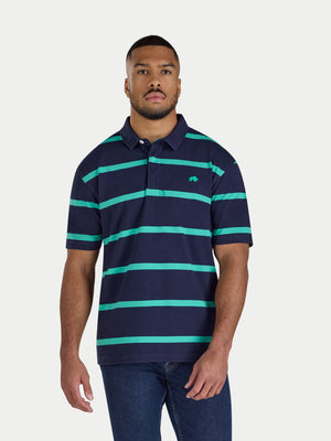 Man wearing a navy and green striped polo shirt on a white background