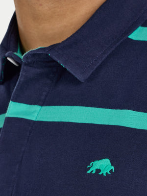 Navy blue polo shirt with green stripes and logo on a plain background