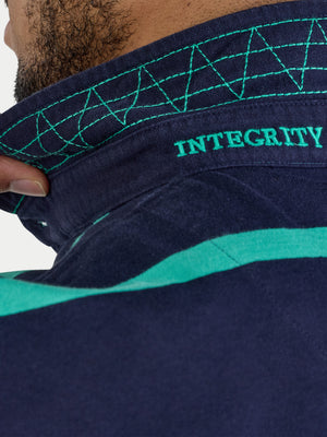 Navy blue athletic shirt with green accents and 'INTEGRITY' text on a white background