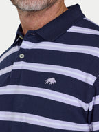 Navy and white striped polo shirt with a logo on a plain background