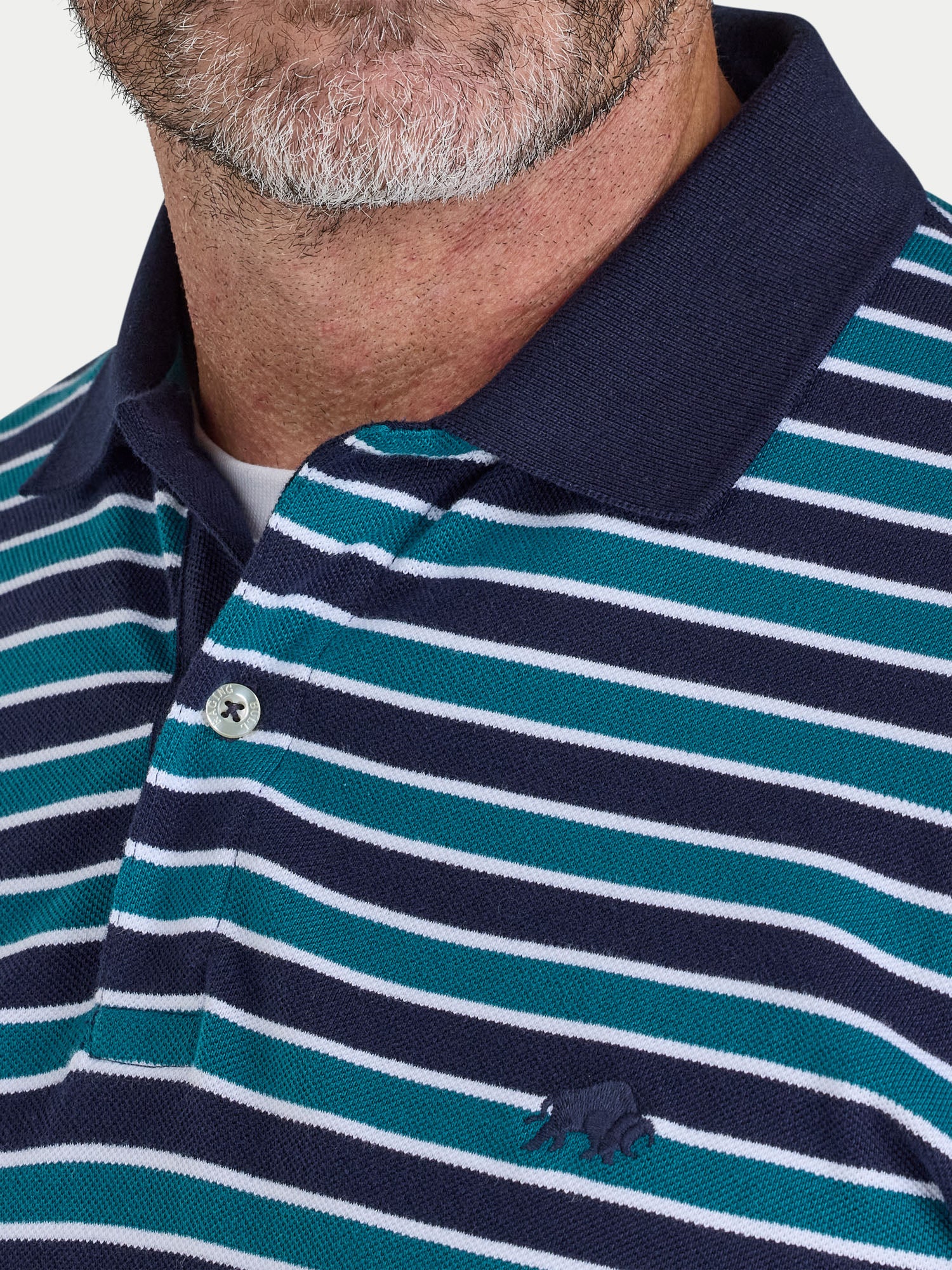 Close-up of a man wearing a blue and green striped polo shirt with a collar.