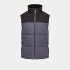 Two-tone gray and black puffer vest on a light gray background