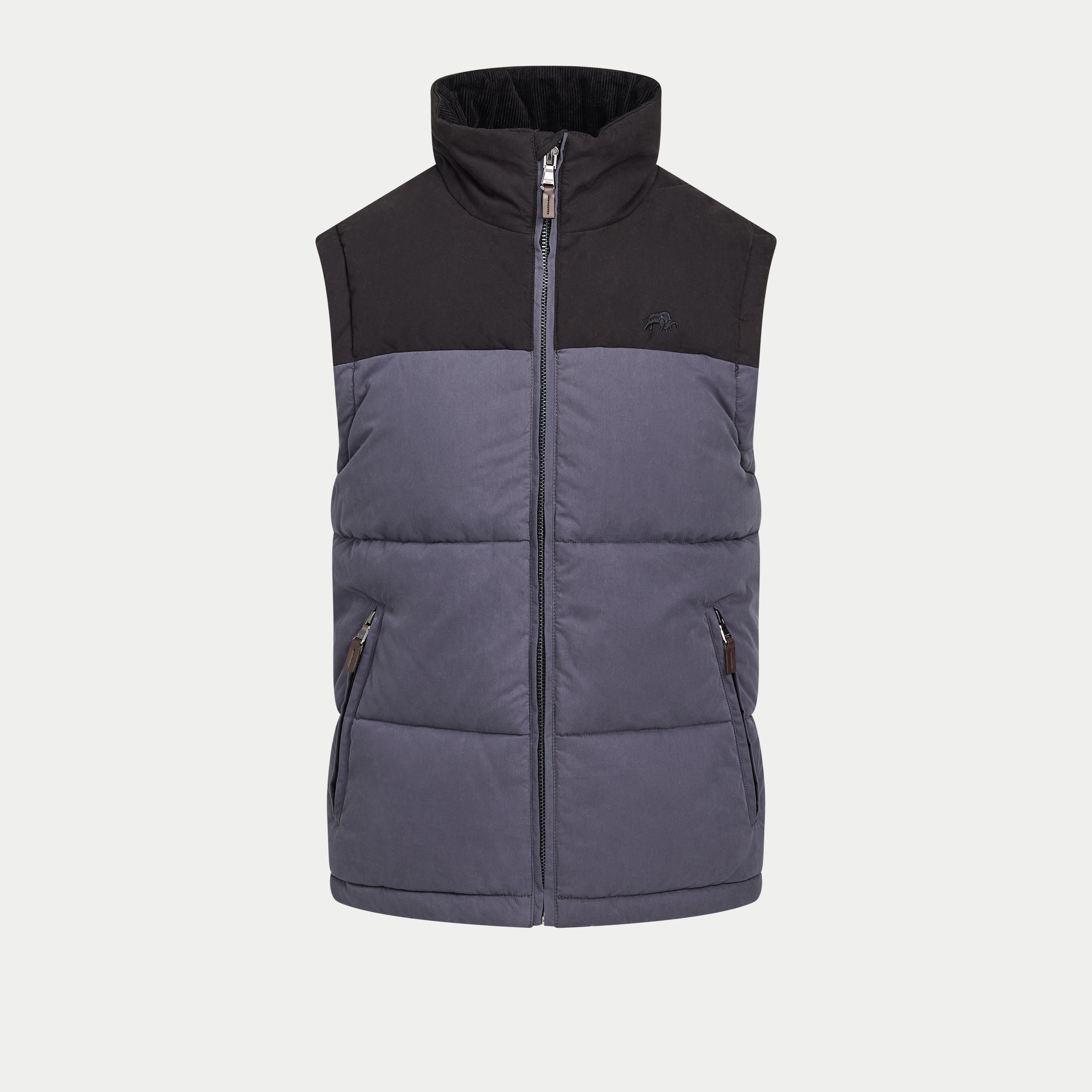 Two-tone gray and black puffer vest on a light gray background