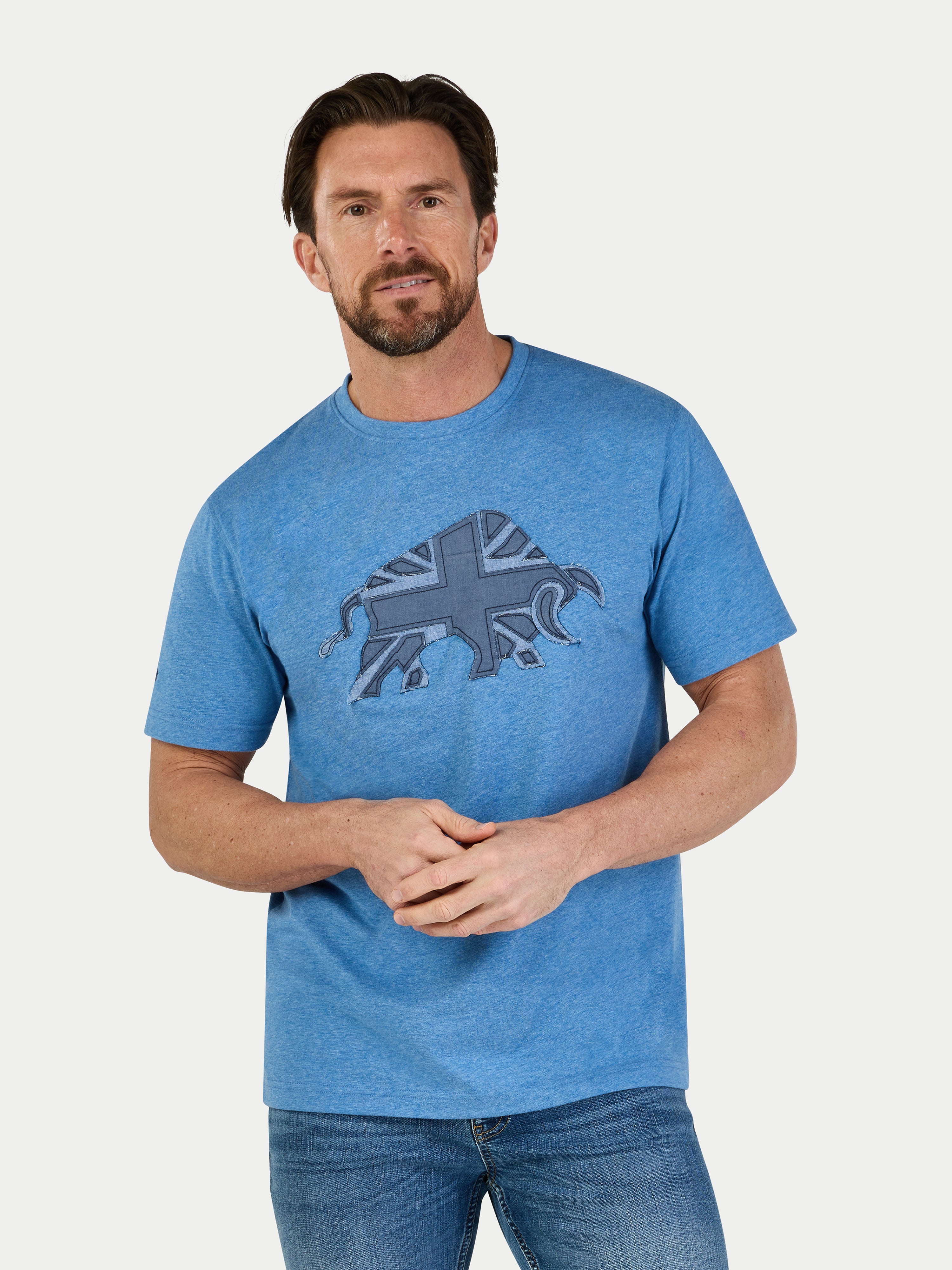 Man wearing a blue t-shirt with a graphic design on a plain background