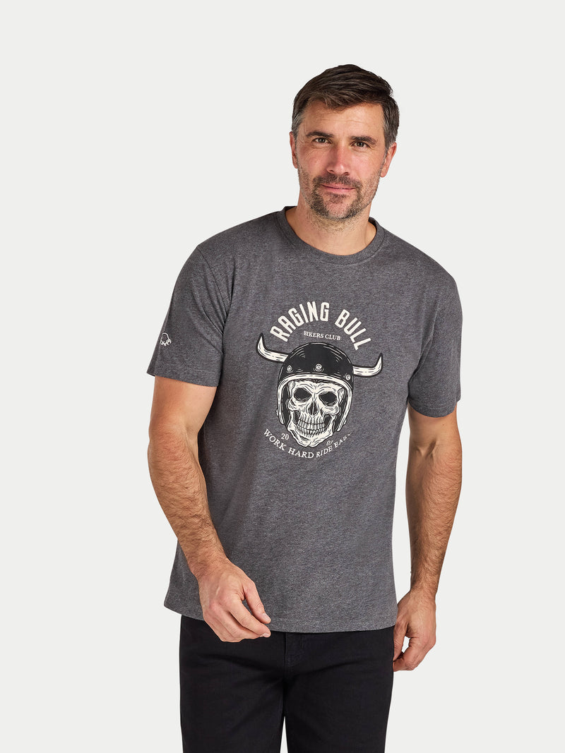 Man wearing a gray t-shirt with a graphic design on a white background