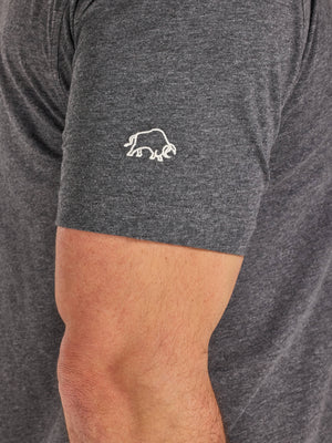 Gray t-shirt with a white logo on a person's arm