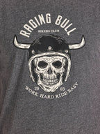Gray t-shirt with a skull wearing a helmet and 'Raging Bull Bikers Club' text.