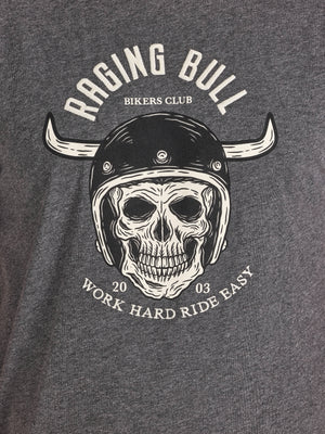 Gray t-shirt with a skull wearing a helmet and 'Raging Bull Bikers Club' text.