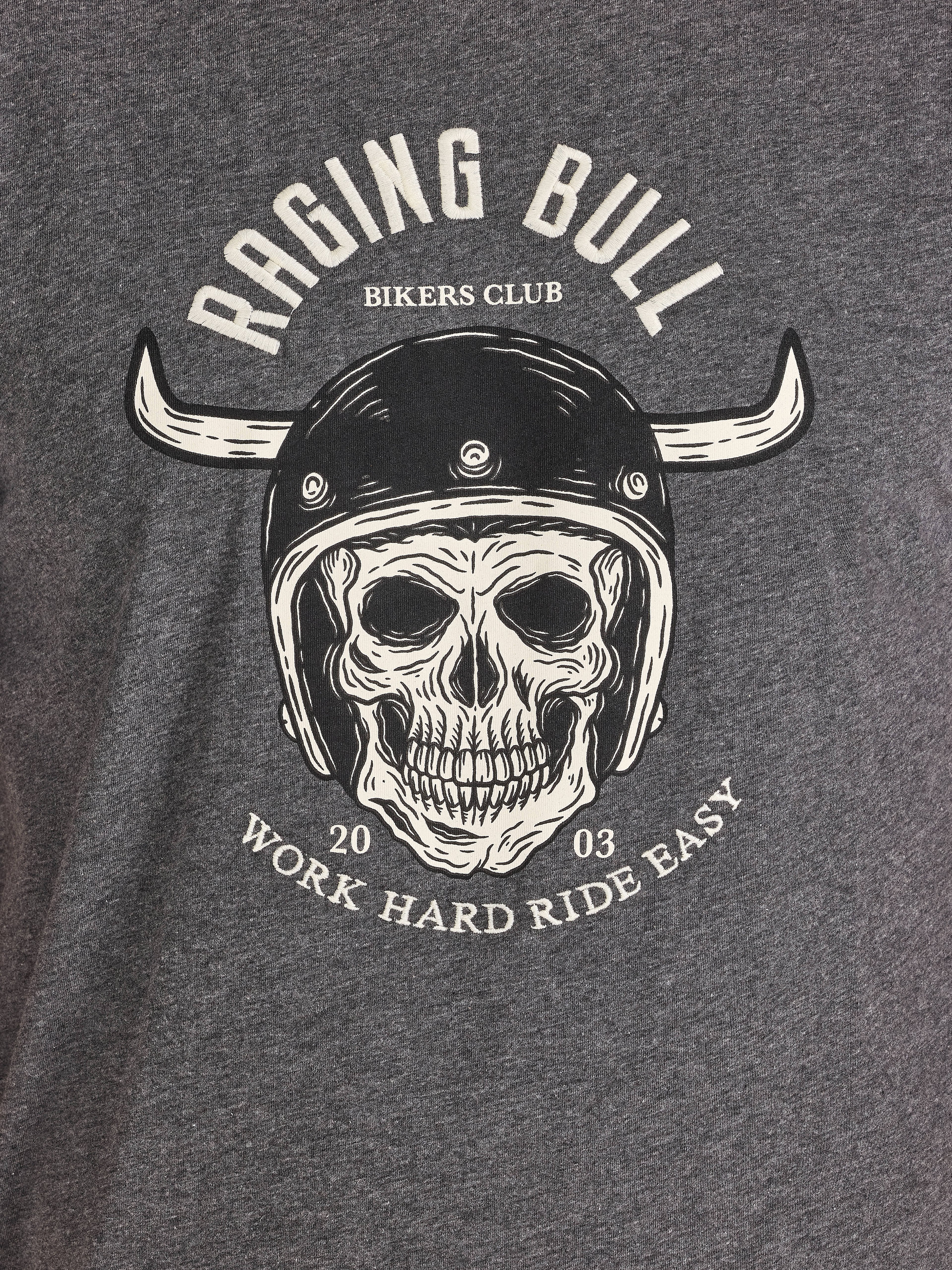 Gray t-shirt with a skull wearing a helmet and 'Raging Bull Bikers Club' text.