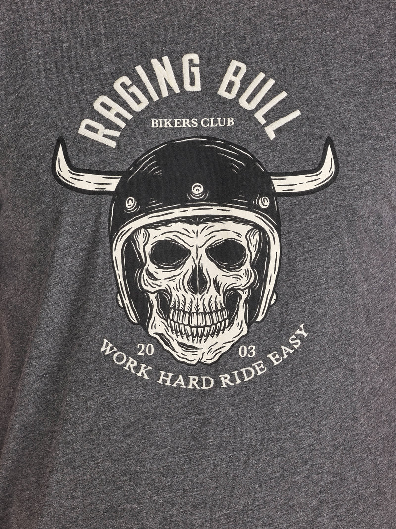 Gray t-shirt with a skull wearing a helmet and 'Raging Bull Bikers Club' text.