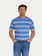 Man wearing a blue striped shirt and jeans on a white background
