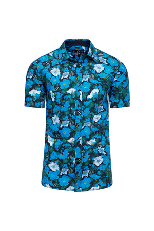 Short Sleeve Hawaiian Print Shirt - Mid Blue
