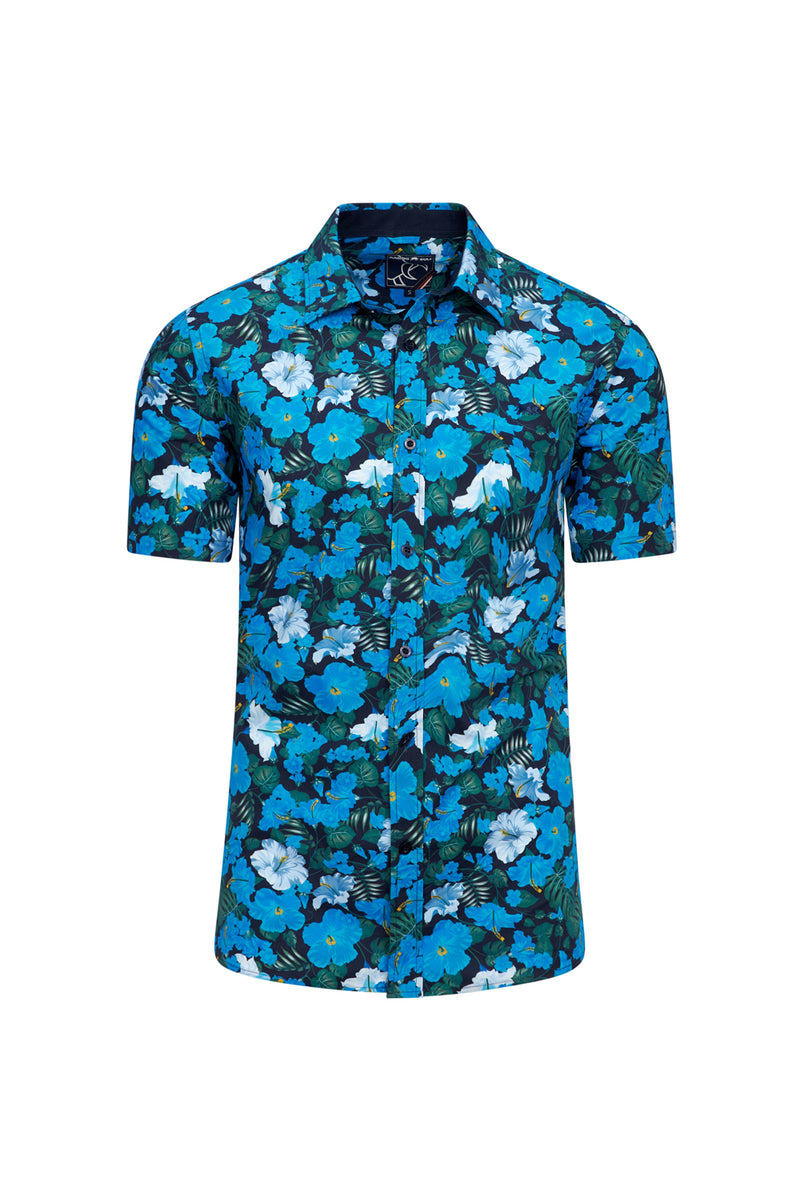 Short Sleeve Hawaiian Print Shirt - Mid Blue