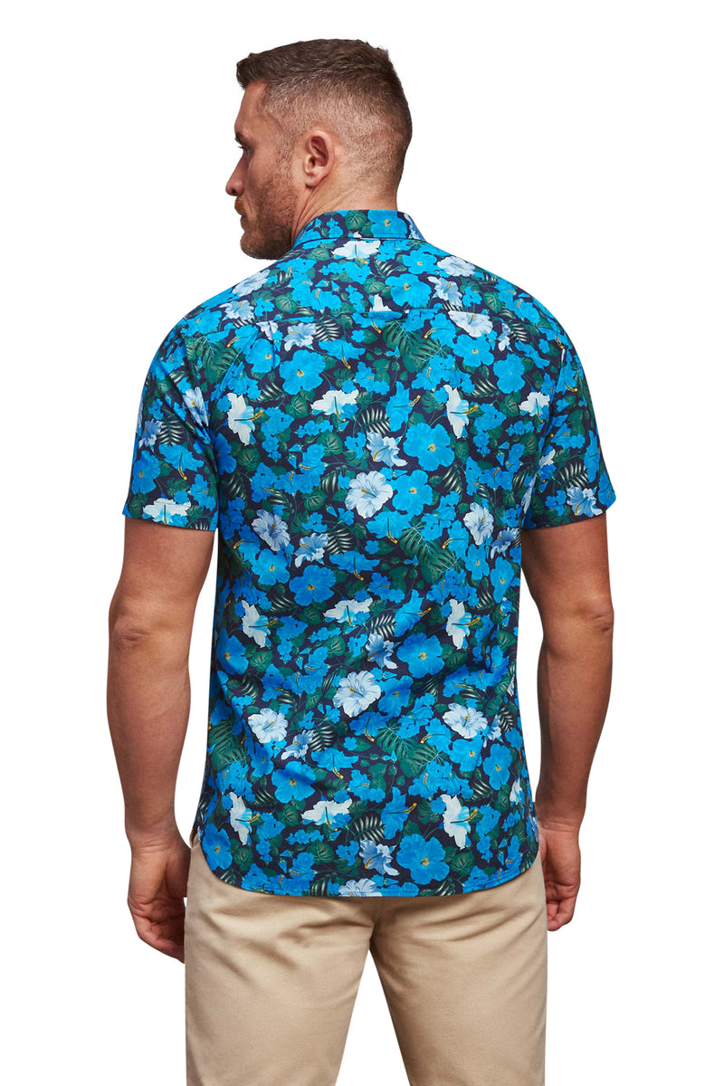 Short Sleeve Hawaiian Print Shirt - Mid Blue