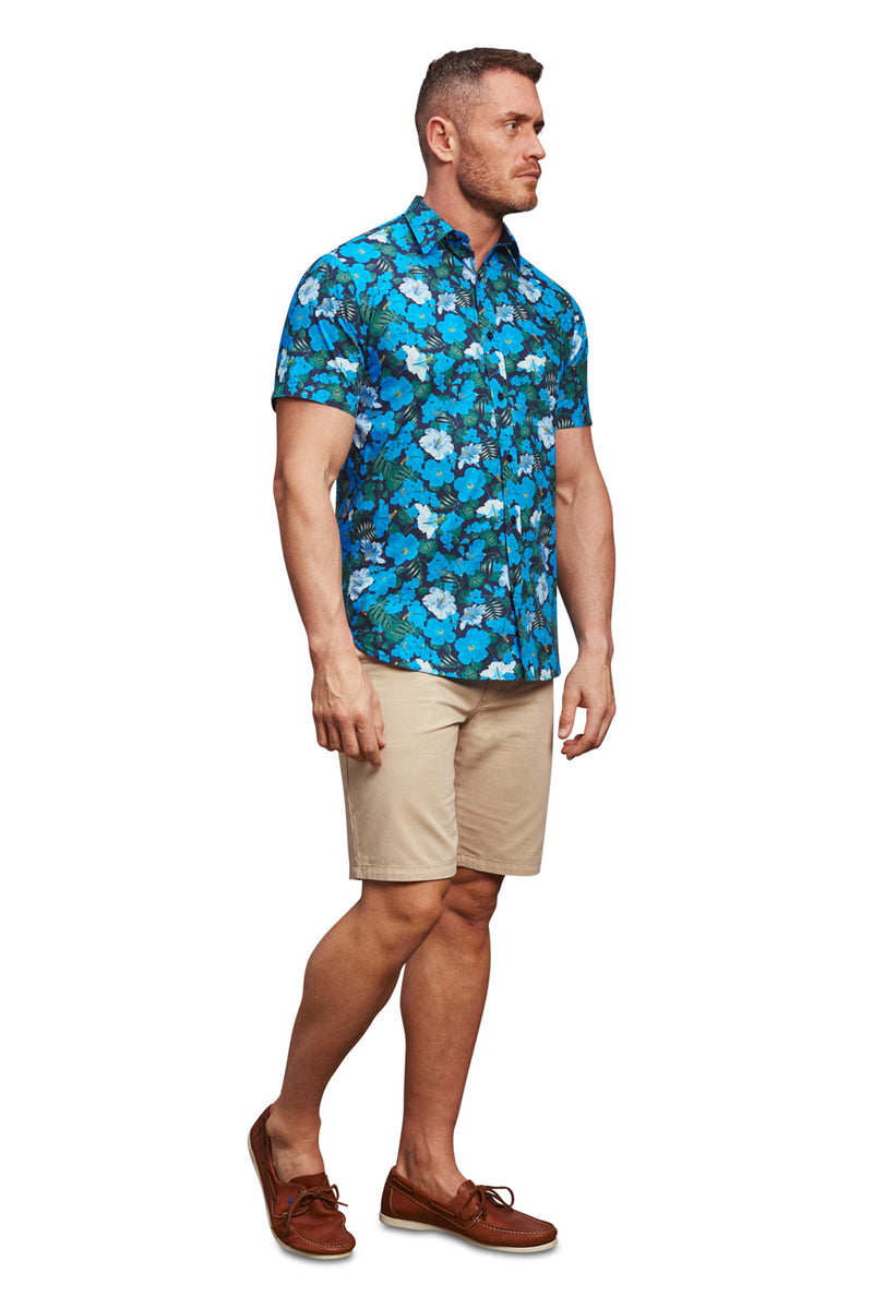 Short Sleeve Hawaiian Print Shirt - Mid Blue