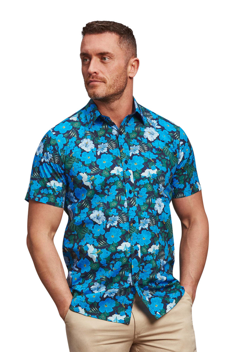 Short Sleeve Hawaiian Print Shirt - Mid Blue
