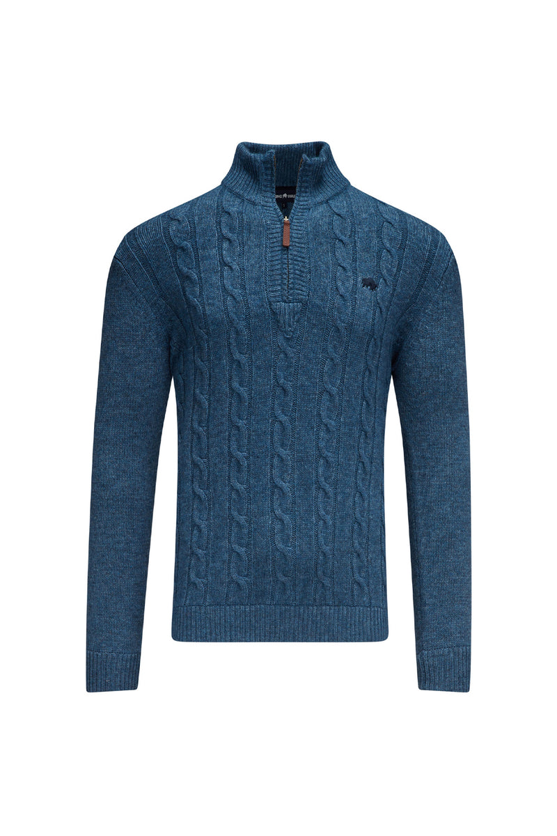 Chunky Cable Quarter Zip Knit - Denim Blue