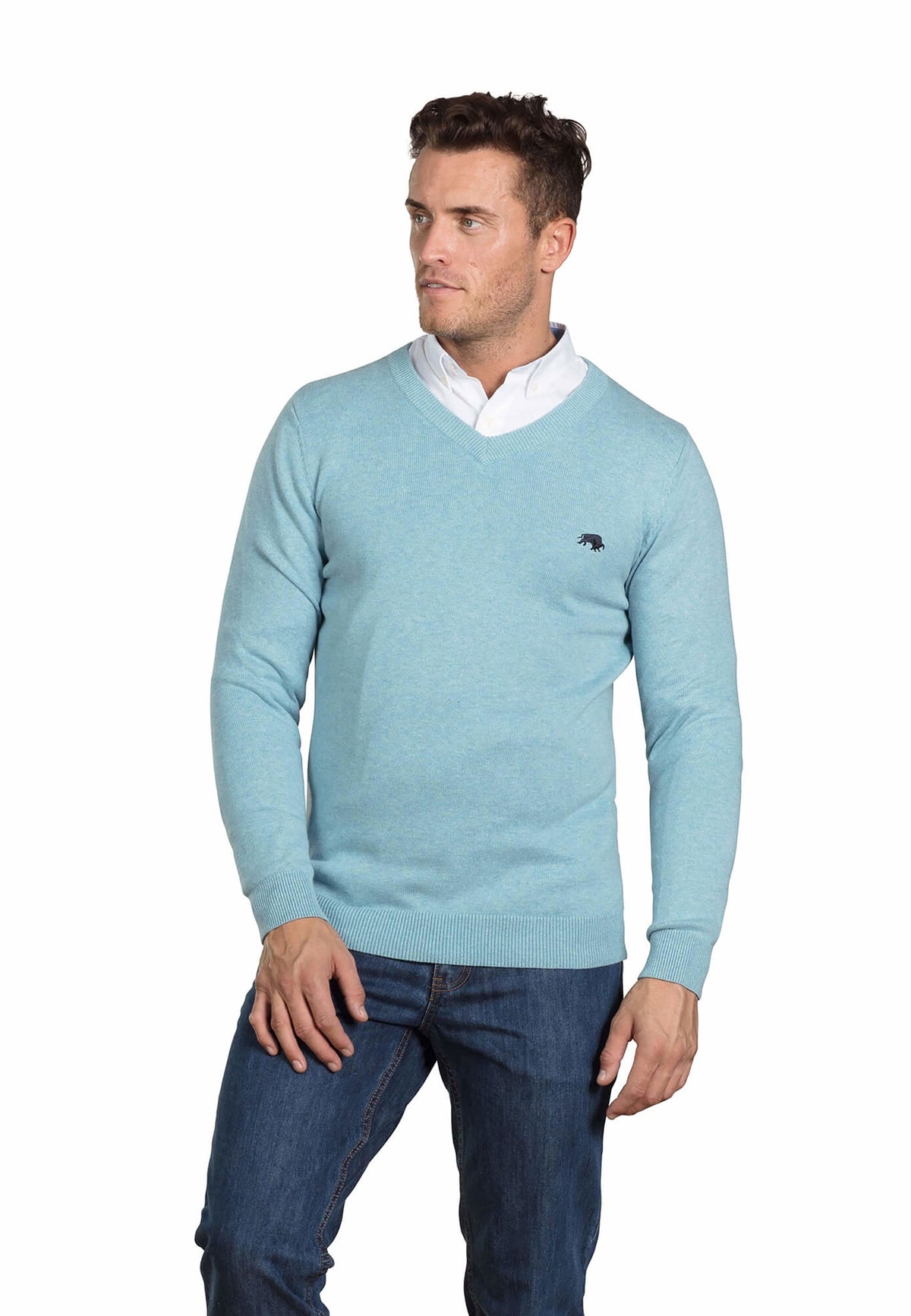 Knitted Cotton-Cashmere V Neck - Sea Blue
