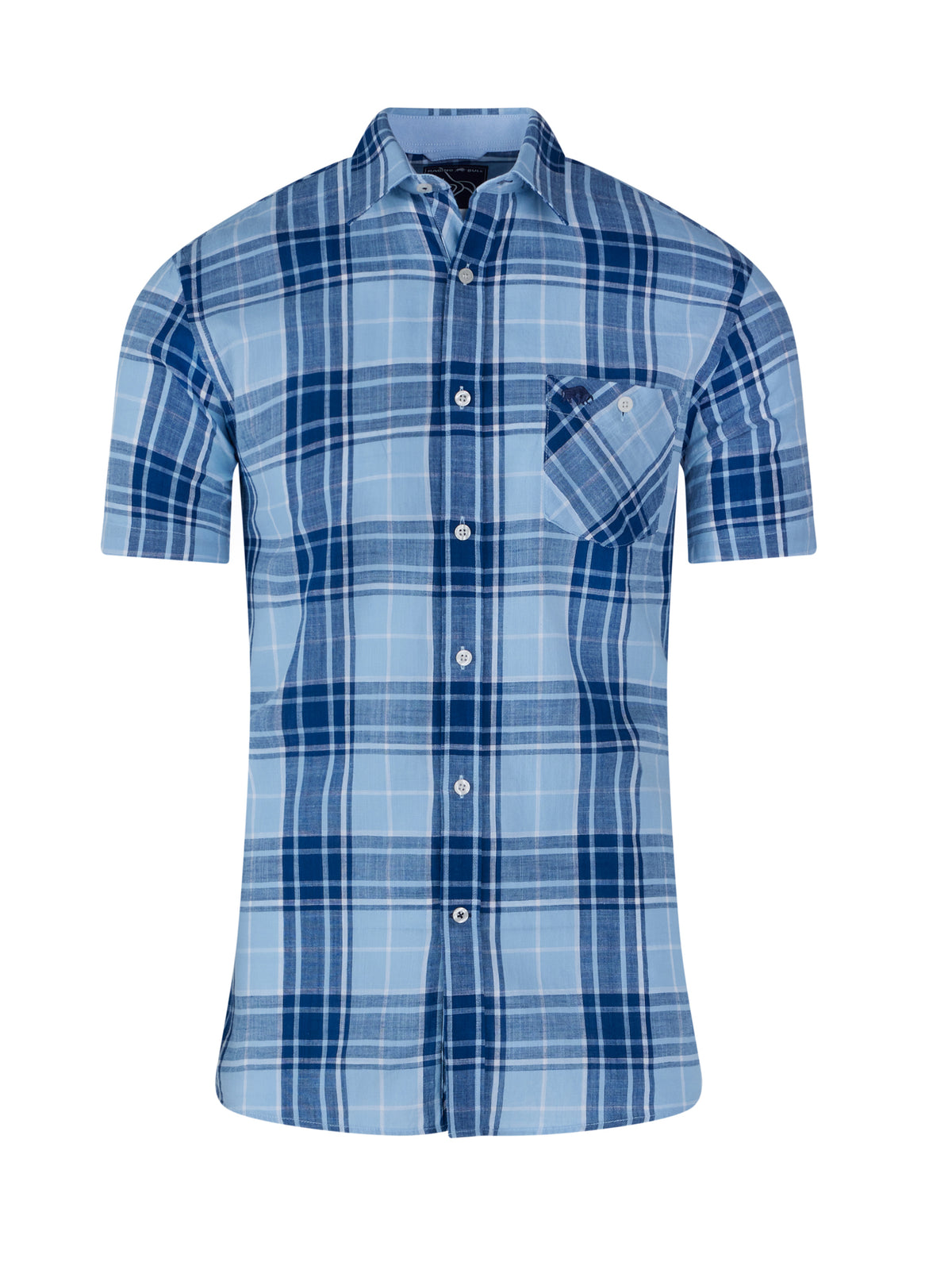 Short Sleeve Large Check Linen Look Cotton Shirt - Sky Blue