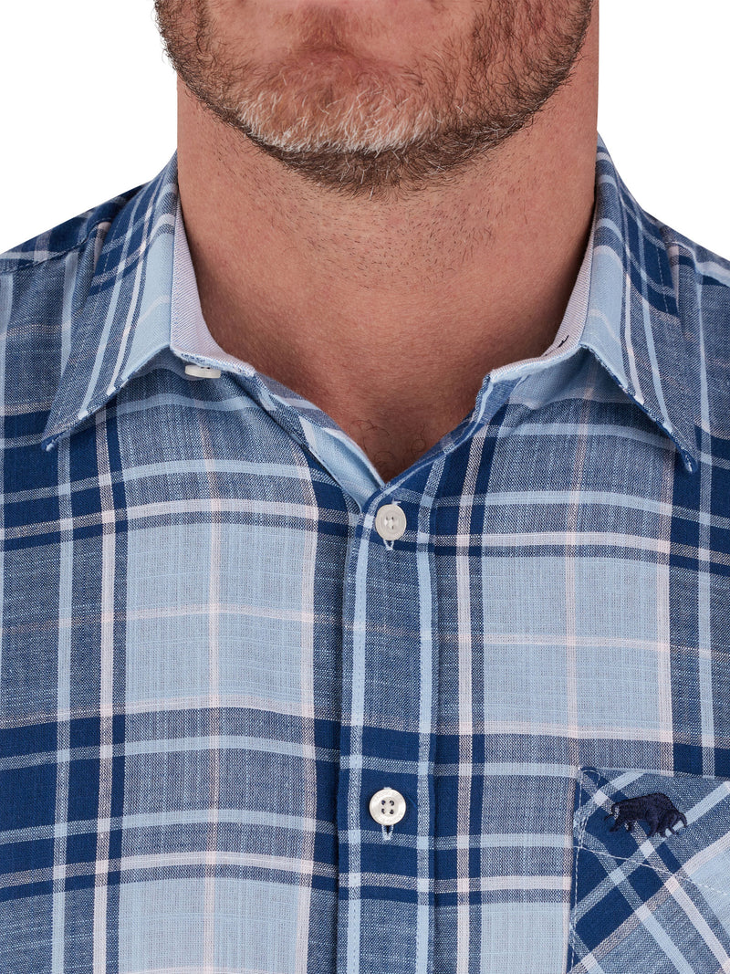 Short Sleeve Large Check Linen Look Cotton Shirt - Sky Blue