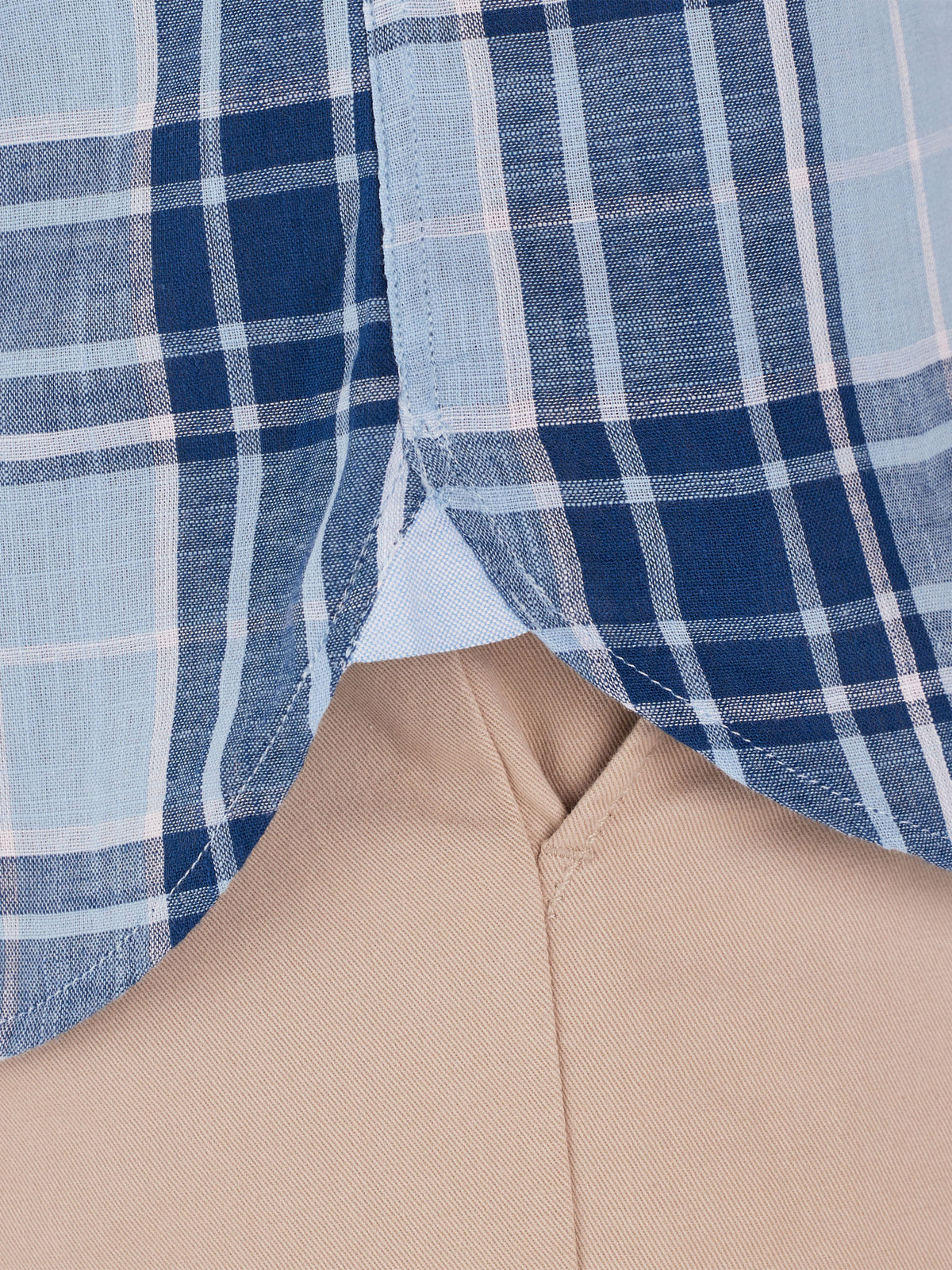 Short Sleeve Large Check Linen Look Cotton Shirt - Sky Blue