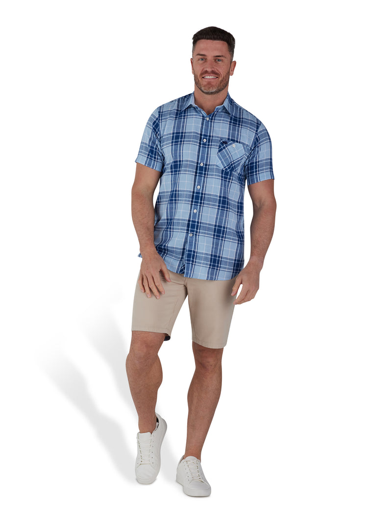 Short Sleeve Large Check Linen Look Cotton Shirt - Sky Blue