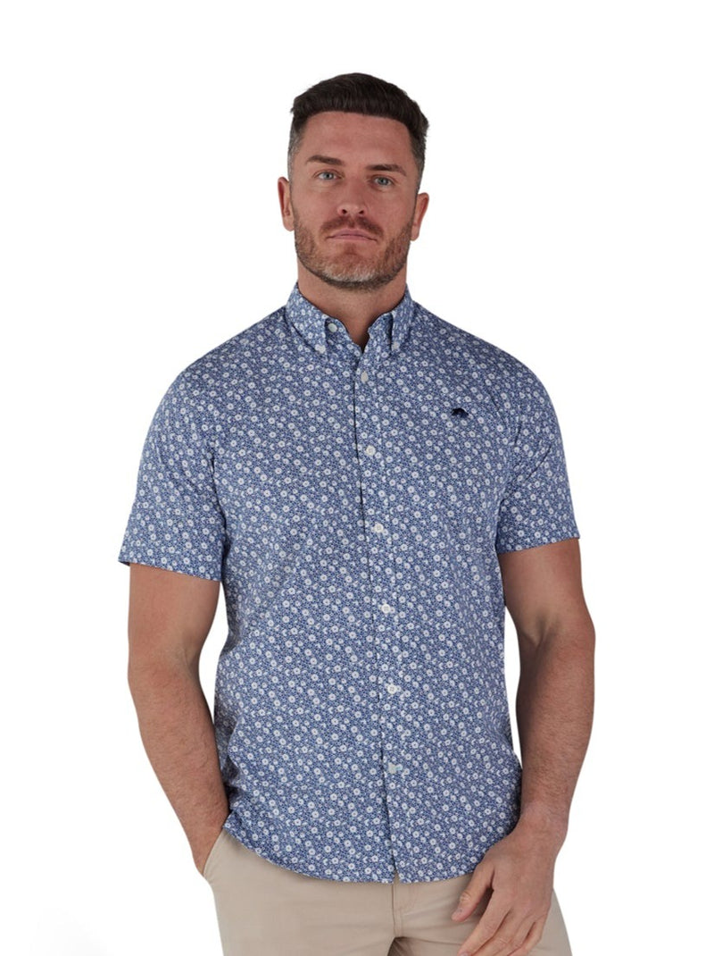 Short Sleeve Blossom Print Poplin Shirt - Navy