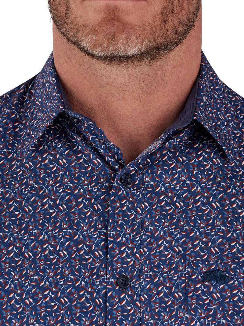Short Sleeve Bloom Print Poplin Shirt - Navy