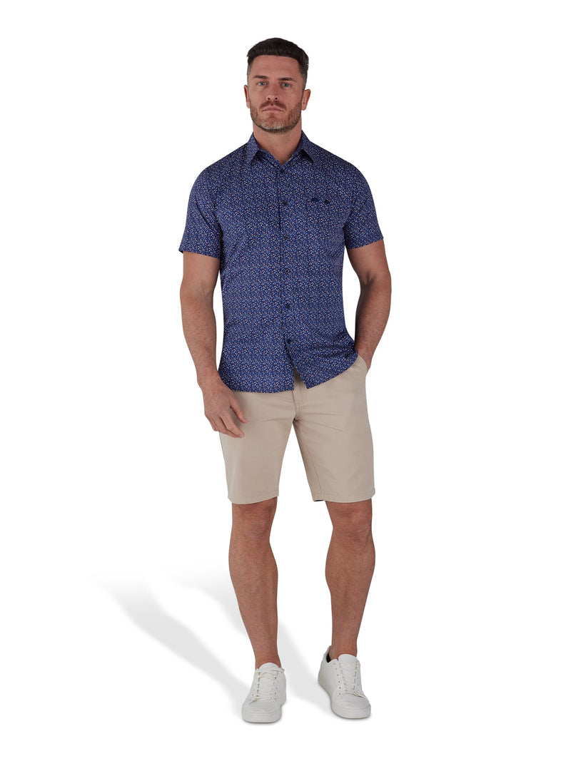 Short Sleeve Bloom Print Poplin Shirt - Navy