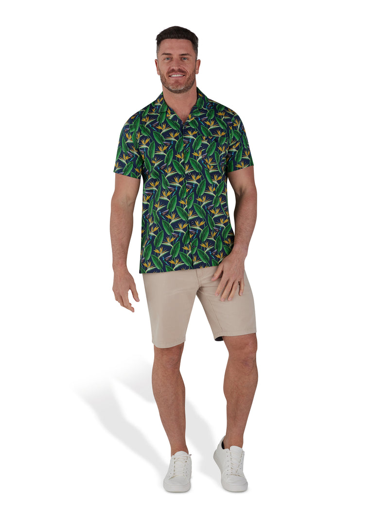 Short Sleeve Tropical Print Shirt - Navy