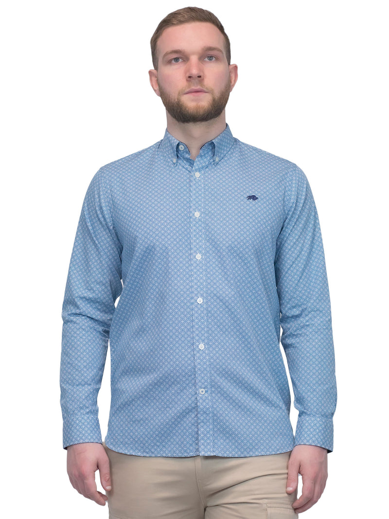 Long Sleeve Geometric Print Poplin Shirt - Teal