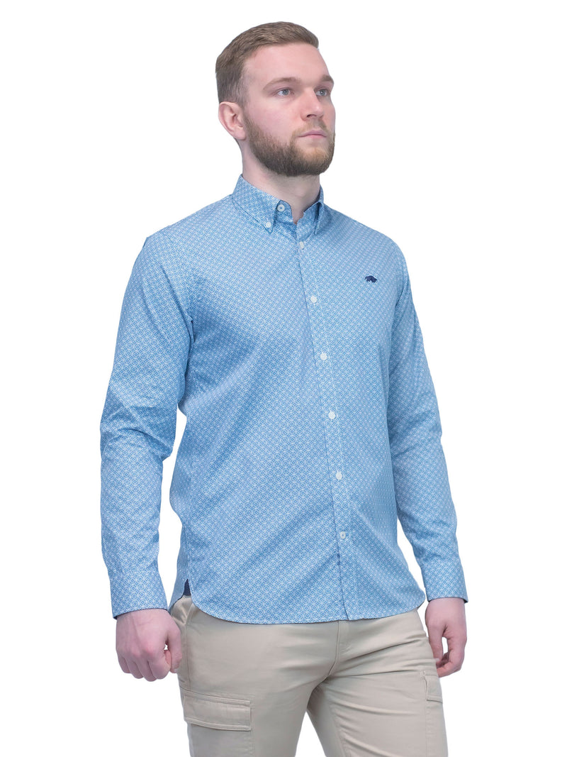 Long Sleeve Geometric Print Poplin Shirt - Teal
